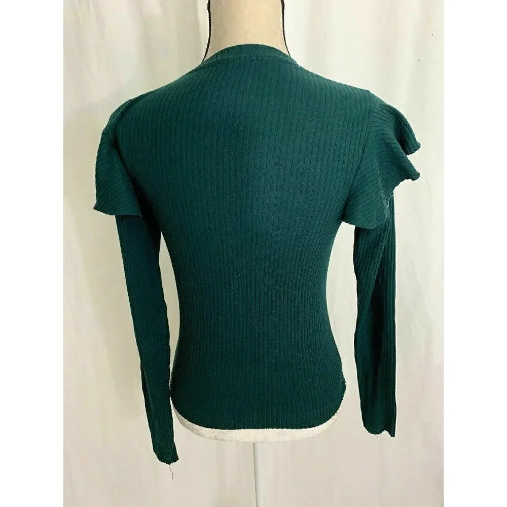 Zara Womens Solid Pine Green Long Sleeve Ribbed Sweater Top Large